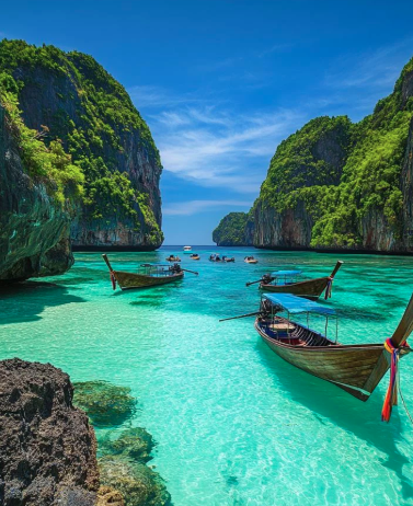 Long-tail boats in Maya Bay